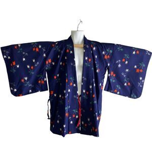 Vtg AI Kimono Jacket Womens Medium Navy Blue Red Floral Print Yukata Robe Japan